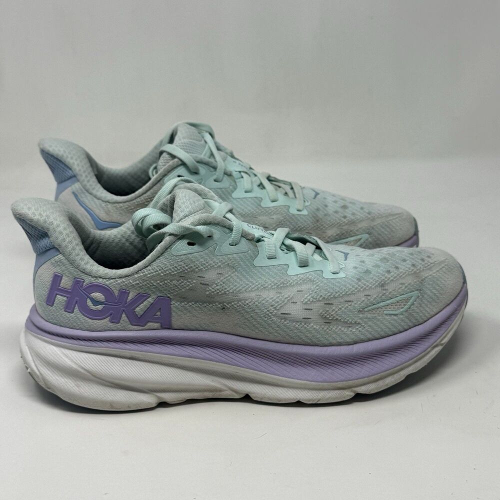 Hoka One One Clifton 9 Womens 9 Blue Green Lilac Running Shoes Sneakers